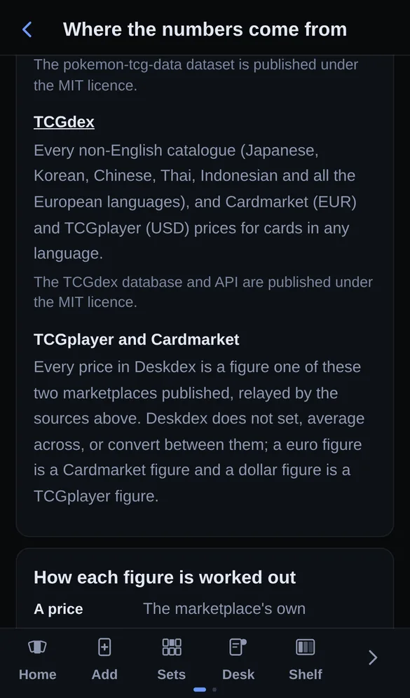 The app's own sources screen, listing how each figure is worked out.