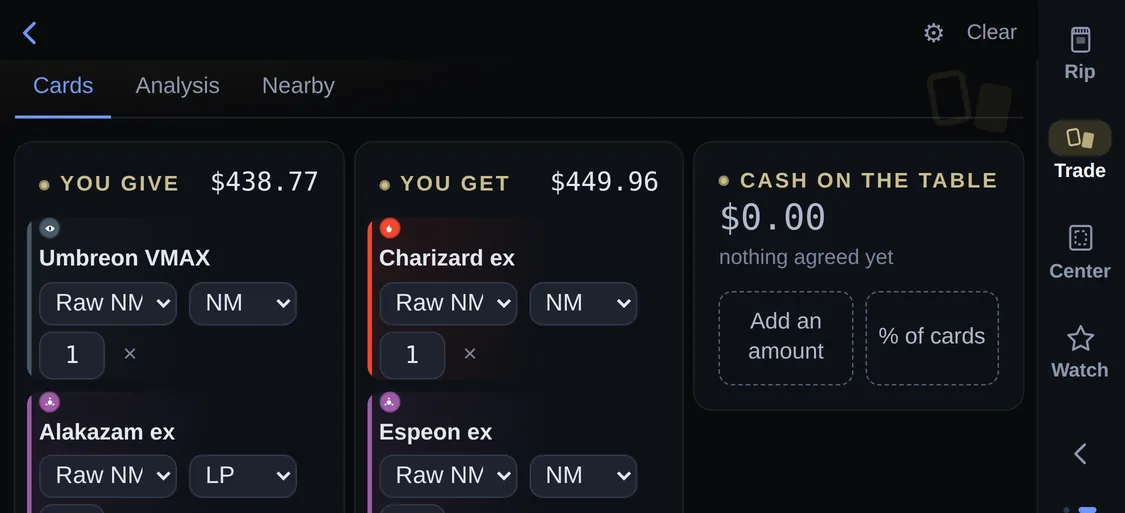 The trade screen sideways: you give $438.77, you get $449.96, with each card's grade and condition and the net if sold instead.